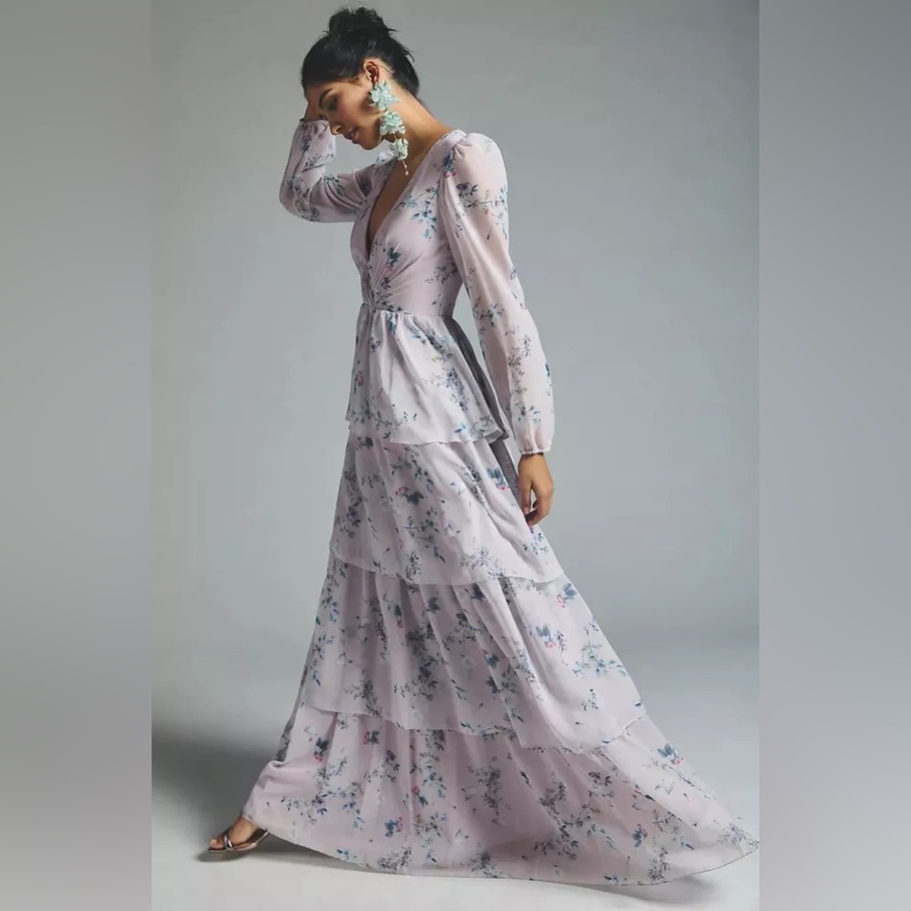 Anthropologie Lavender Floral Tiered V-Neck Maxi Dress